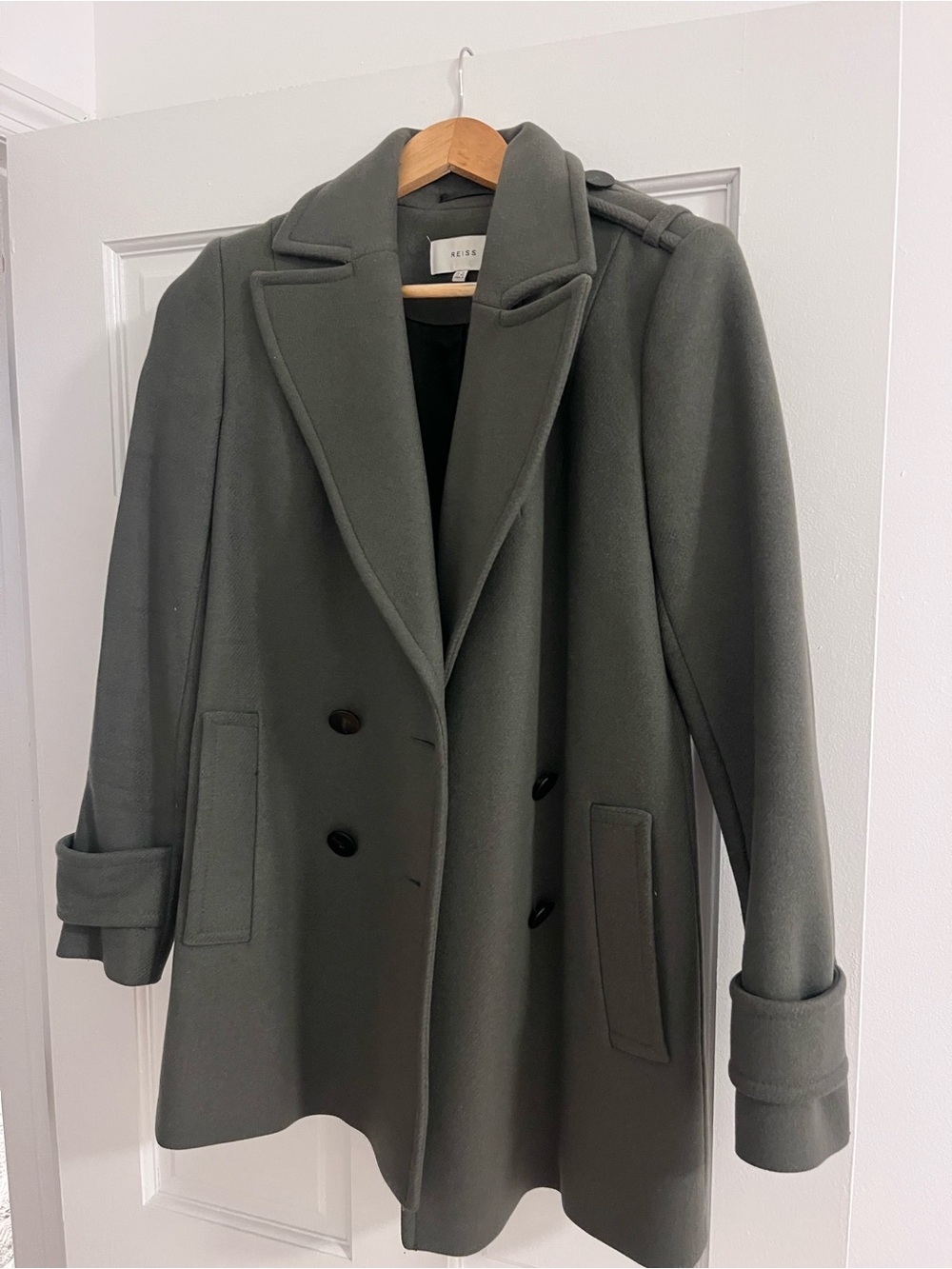 Reiss Olive Green Double-Breasted Wool Pea Coat